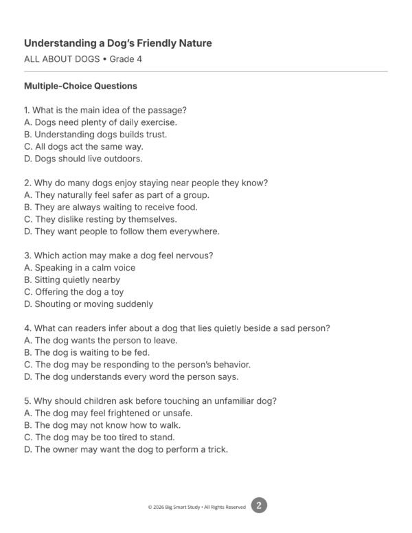 TPT661 All About Dogs Reading Comprehension Passages | 4th Grade Nonfiction