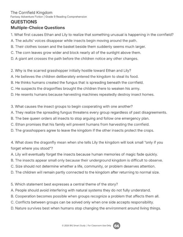 TPT661 Grade 9 Fantasy Fiction Reading Comprehension Worksheets | 12 Passages